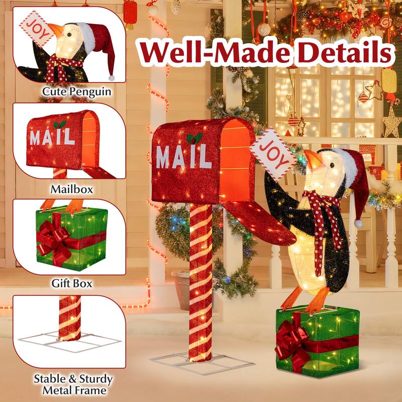 Gymax Lighted Christmas Decoration Mailbox & Penguin w/160 LED Lights - Red
