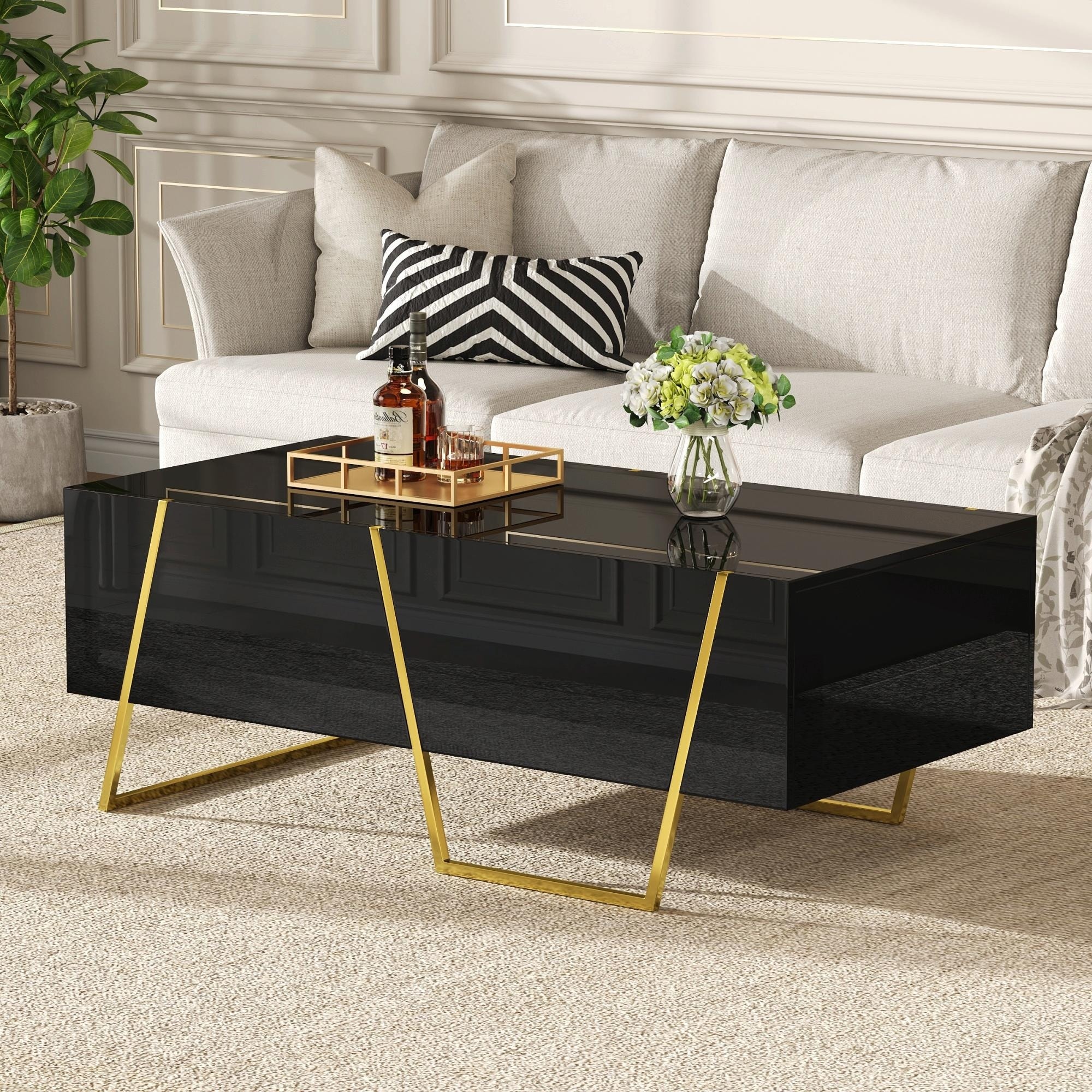 47.2" Modern Rectangular High Gloss Coffee Table - 4 Drawers, Storage, Gold Base