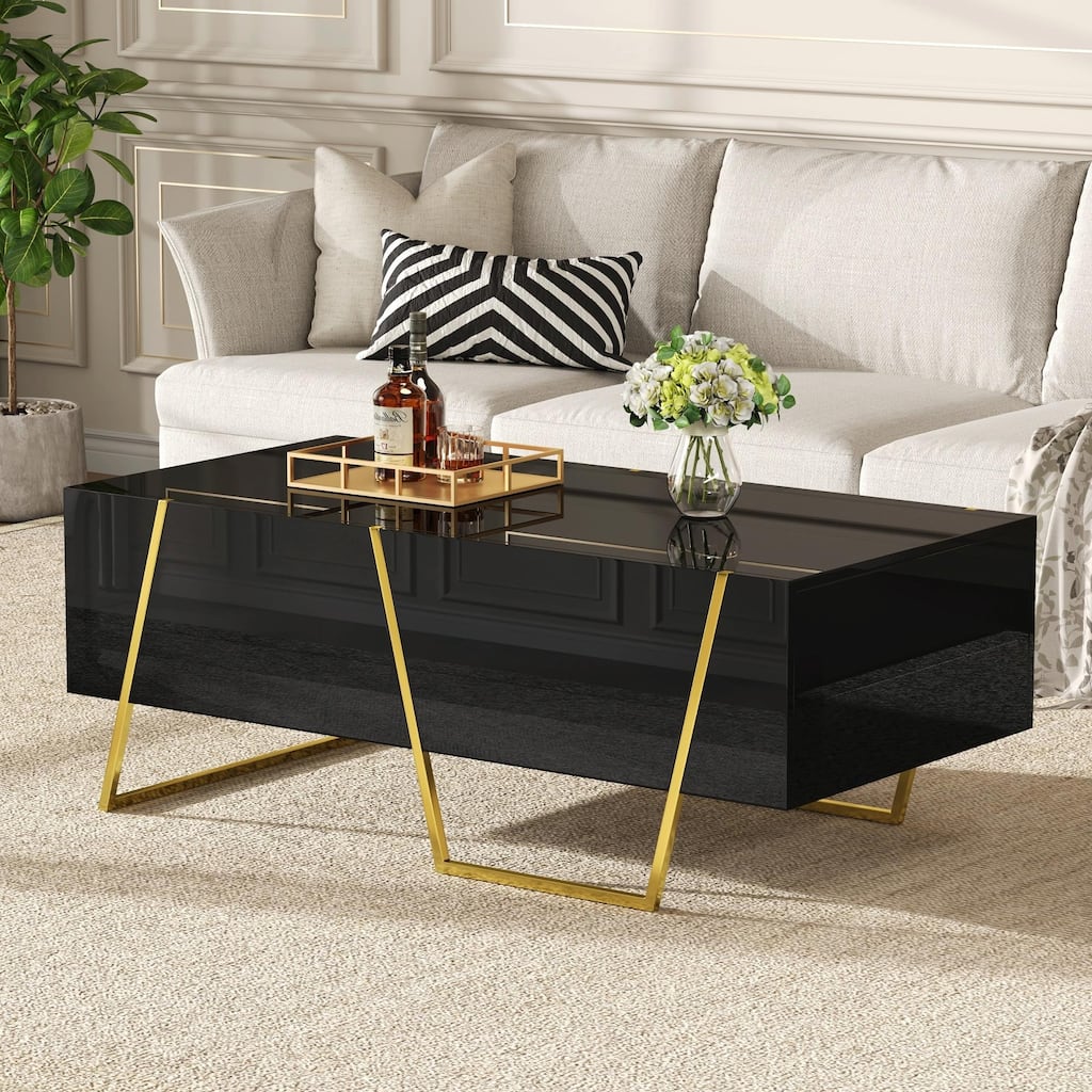 47.2" Modern Rectangular High Gloss Coffee Table - 4 Drawers, Storage, Gold Base