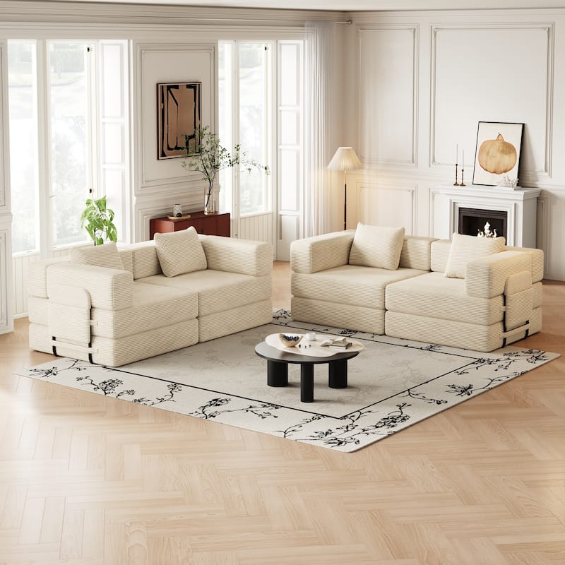 Corduroy Modular Sleeper Sofa Bed with Side Pockets and Anti-slip Pads