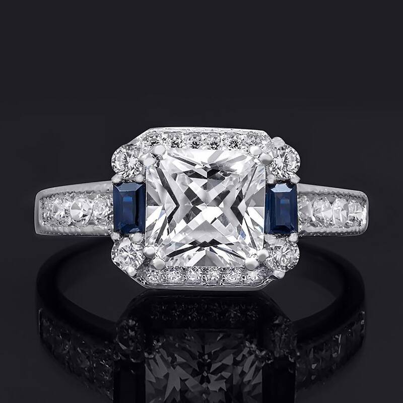 Sterling Silver Princess Cut Bridal Ring Blue Sapphire Cubic Zirconia