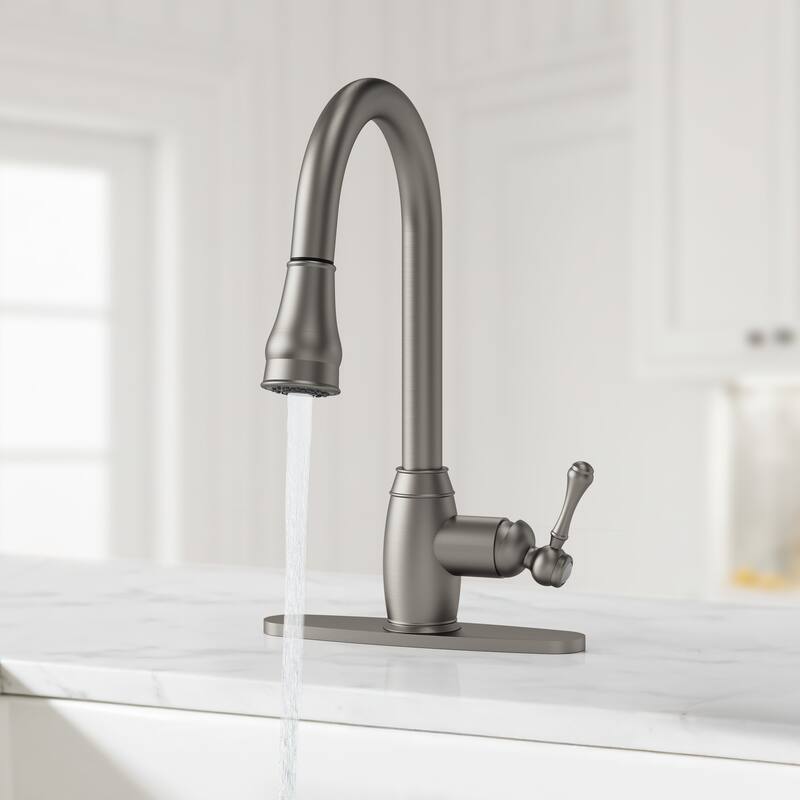 Single Handle Pull Down Sprayer Hot and Cold Kitchen Faucet 360° Spout Swivel with Deckplate