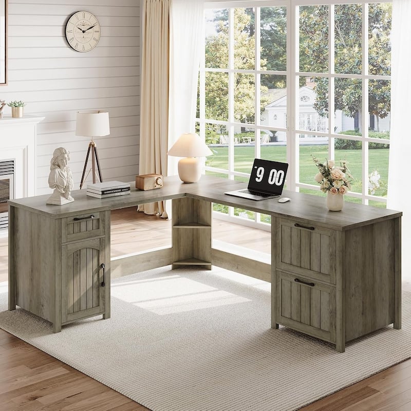 Executive L Shaped Desk Office Desk Drawers Storage Drawers Cabinet - 71" - Grey