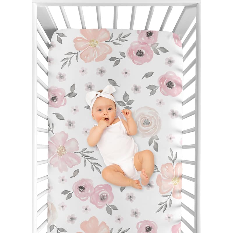 Watercolor Floral Collection Girl Cotton Fitted Crib Sheet - Blush Pink, Grey and White Boho Shabby Chic Rose Flower 100% Cotton