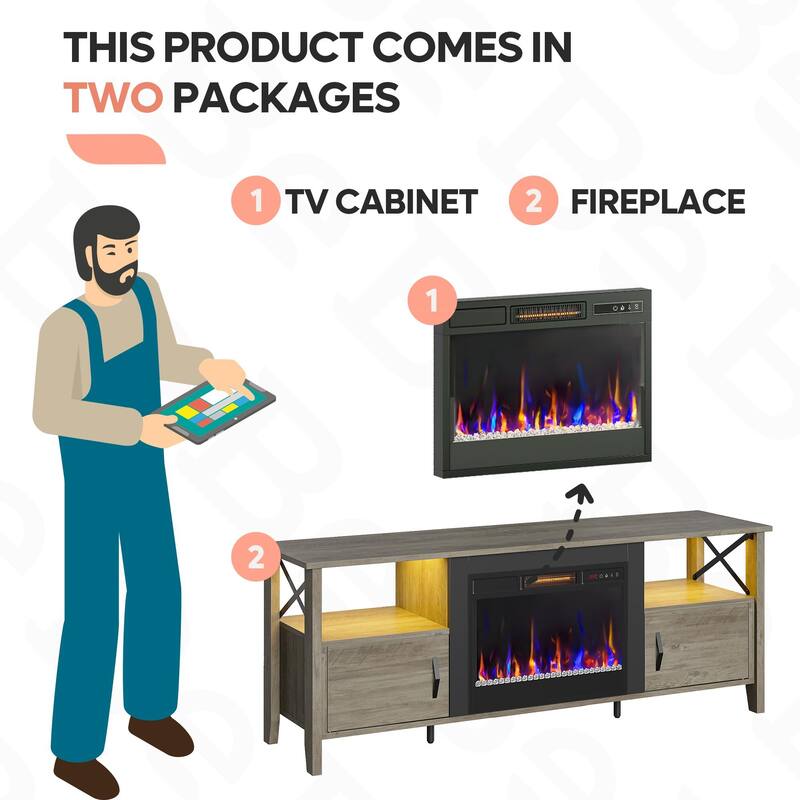 Bestier 63" TV Stand, LED Media Console with Storage, with Electric Fireplace and LED and Adjustable Storage Cabinet