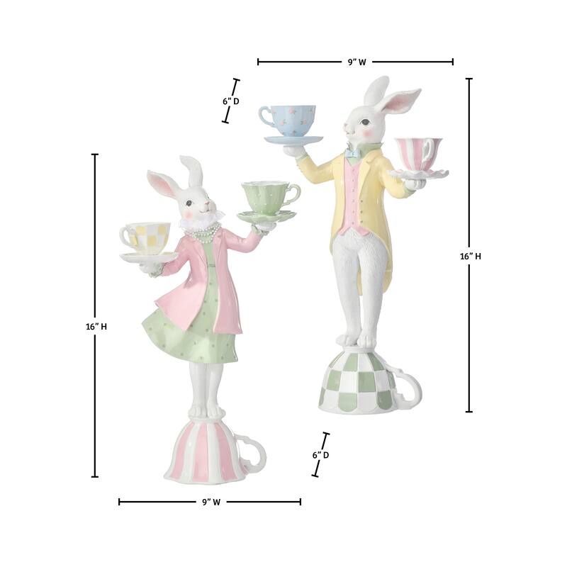 16" Resin Bunny With Tea Cups Set of 2
