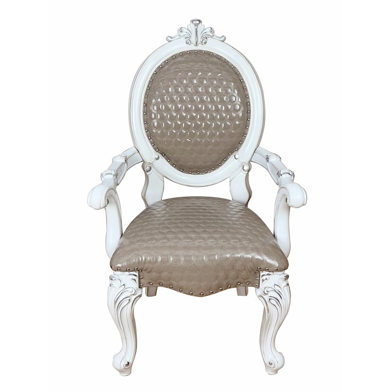 HomeRoots Set of Two Gray and White Upholstered Faux Leather And Solid Wood King Louis Back Dining Arm Chairs