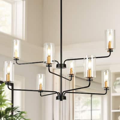 Modern 8-Light Black Gold Chandelier Clear Glass 3-Tier Cylinder Ceiling Lights for Dining Living Foyer - D 37" x H 21"
