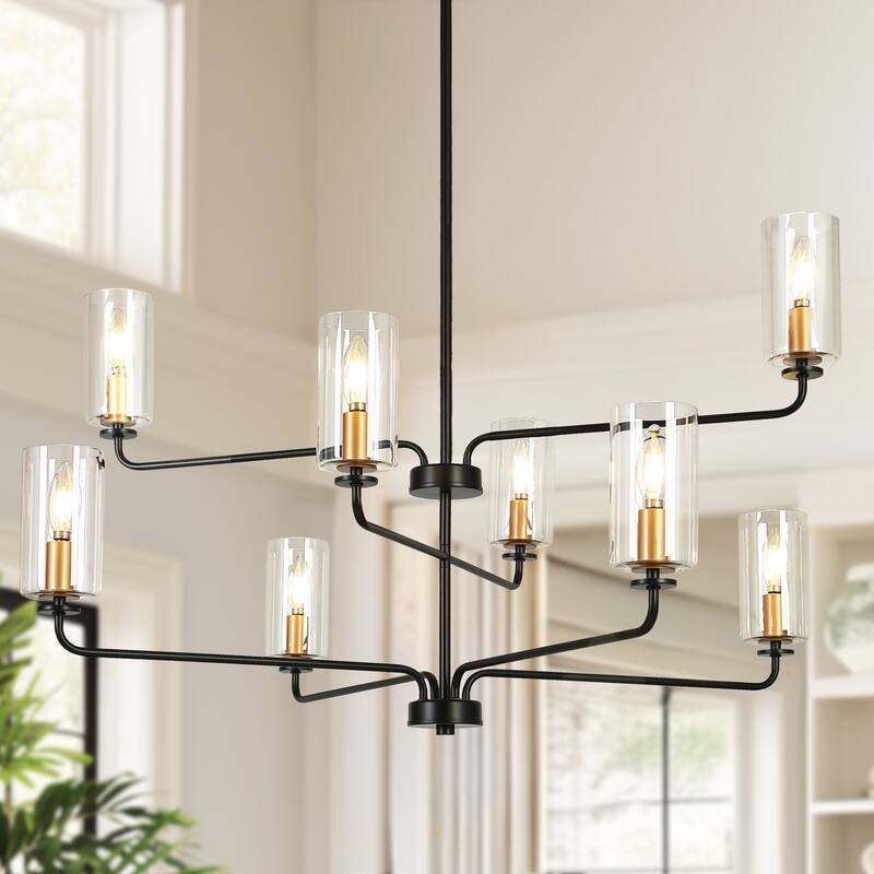 Modern 8-Light Black Gold Chandelier Cylinder Glass Light for Dining Living Room Entryway - D 37" x H 21"
