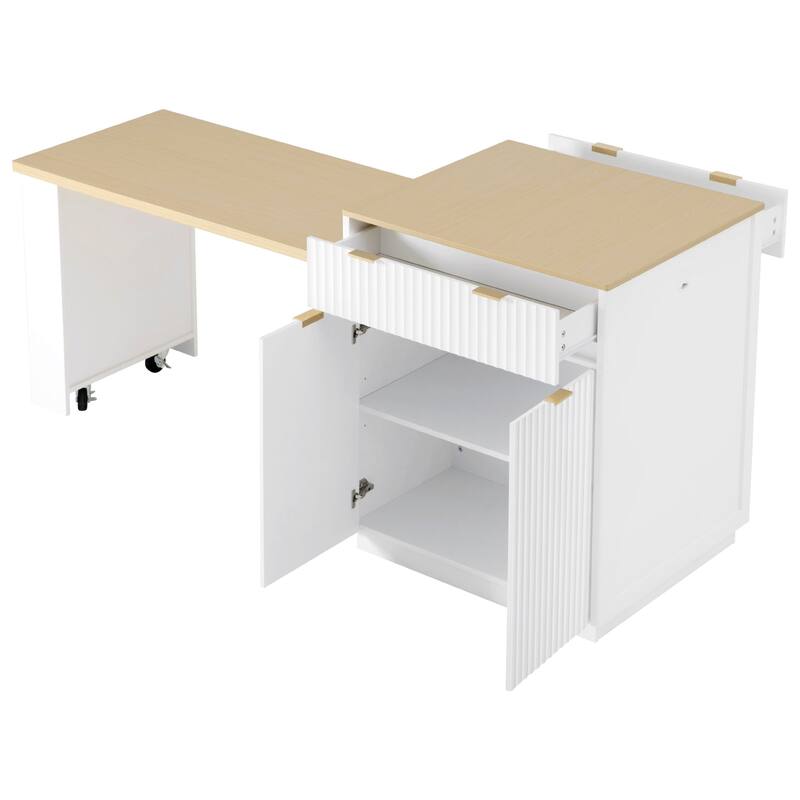 Fluted Kitchen Island with Extendable Dining Table, Power Outlet, Double Side Storage, 2 Drawers and 2 Side Open Shelves