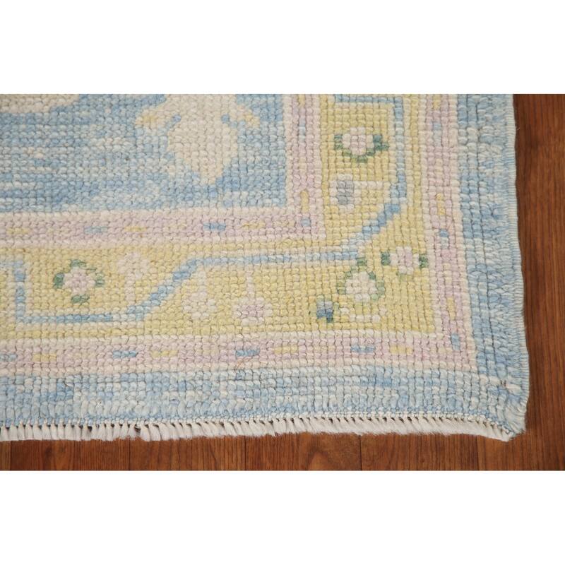Vegetable Dye Oushak Turkish Runner Rug Hand-knotted Blue Wool Carpet - 3'3"x 12'10"