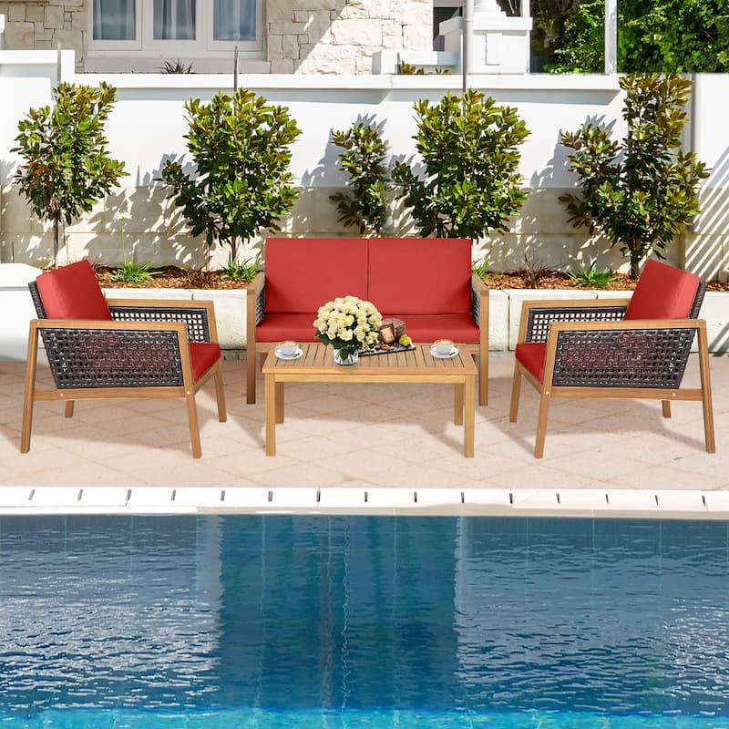 4 PCS Outdoor Acacia Wood Furniture Set Patio Conversation Set