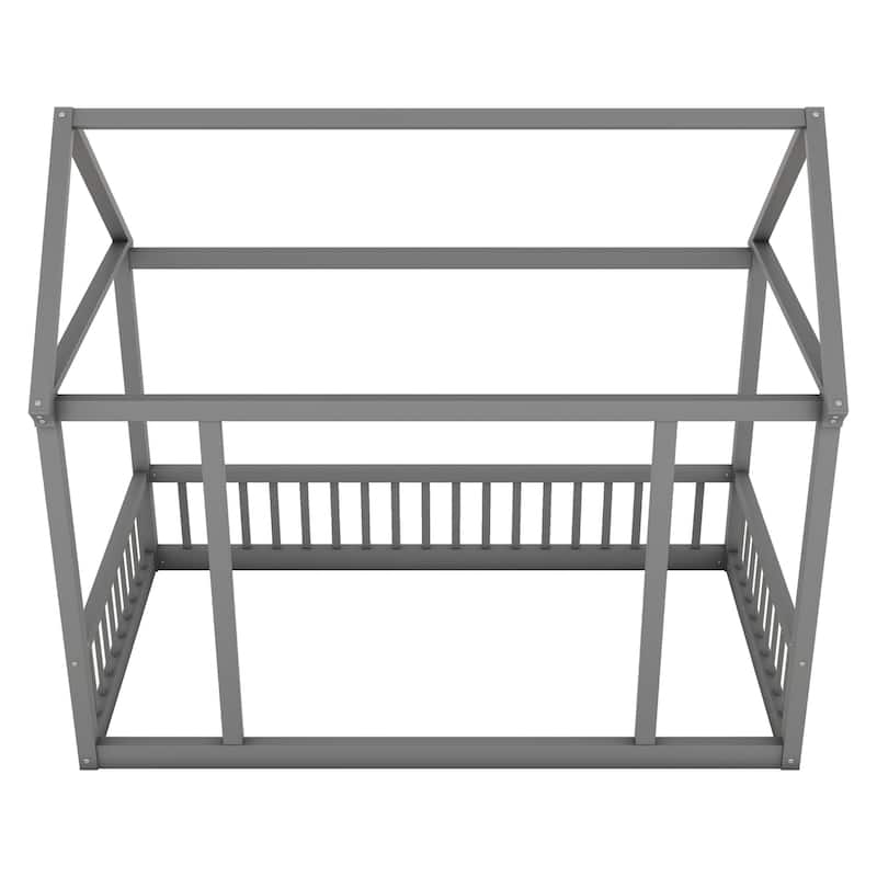 Pine Wood Floor Bed with House Roof Frame and Safety Guardrails