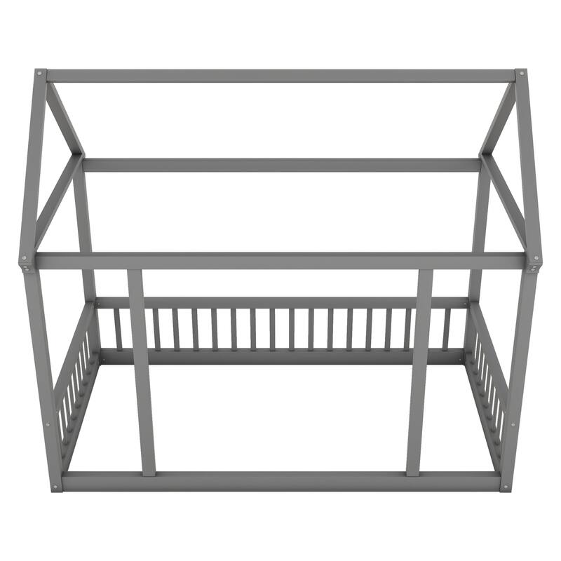 Twin/Full Size Floor Bed with Wooden House Roof Frame and Safety Guardrails for Children's Bedrooms, Small Space