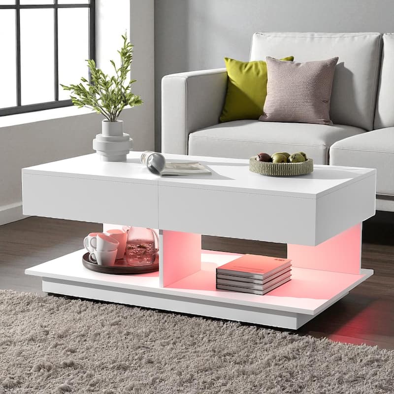 41.3"-76.7" Extendable Coffee Table with Hidden Storage, High Gloss Finish, Multiple Compartments & 16-Color LED Lights - White