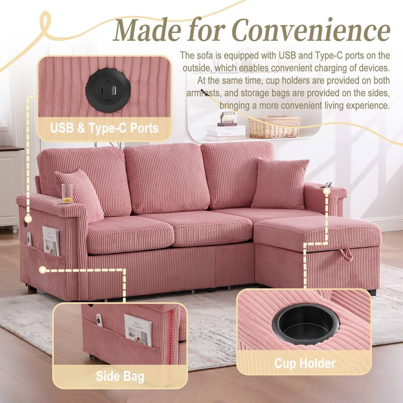 HOMEFUN Corduroy Upholstered L-shaped Pull-Out Storage Sectional Sofa with Storage Ottoman,USB Charging,Cup Holder