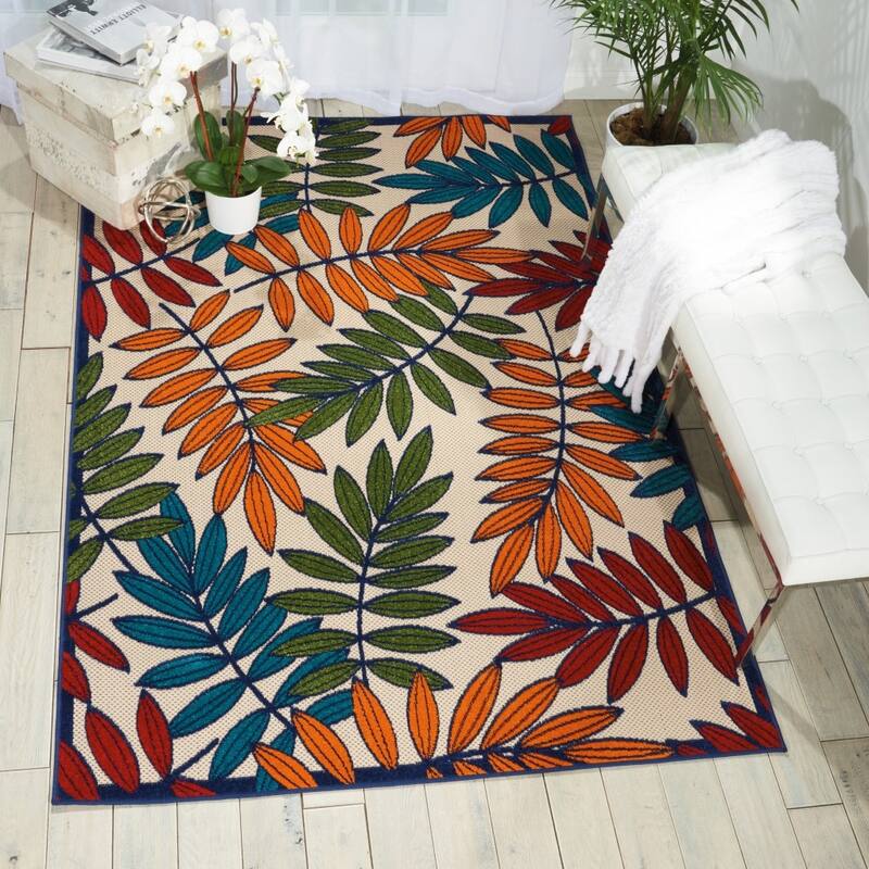 6'x 9' Multicolored Leaves Indoor Outdoor Area Rug - 6' x 7'