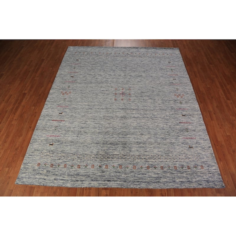 Ivory & Blue Tribal Gabbeh Area Rug Handmade Wool Carpet - 8'3" x 9'8"