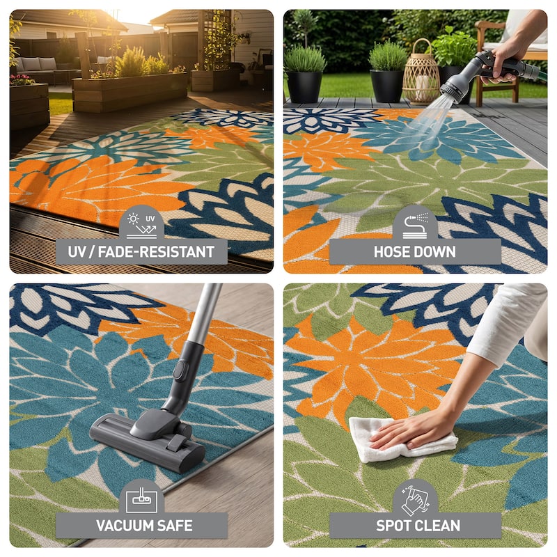 World Rug Gallery Indoor/Outdoor High-Low Textured Area Rug, Floral Easy-Clean Patio Rug