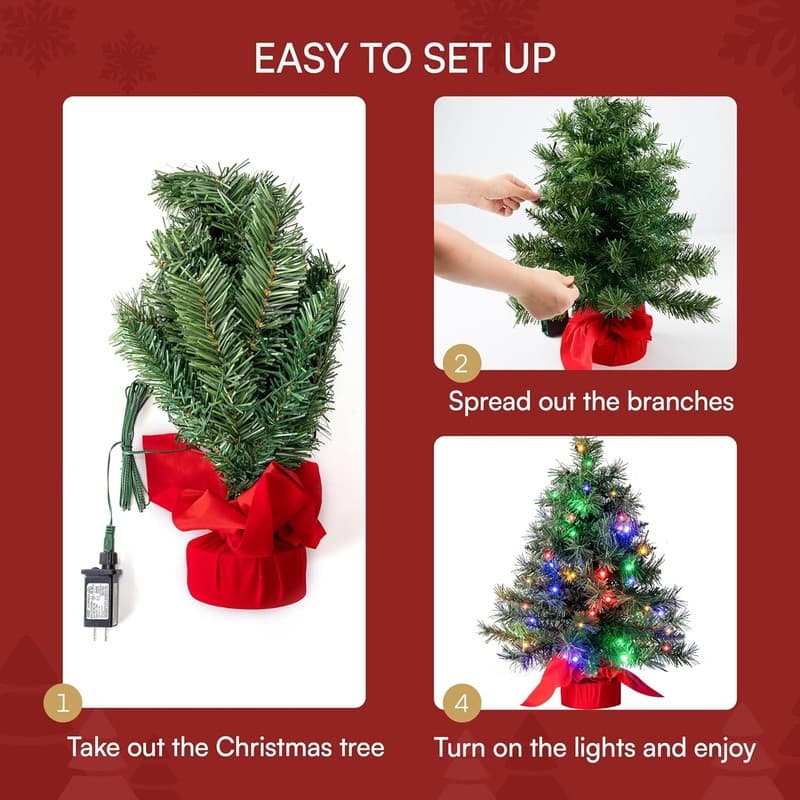 24"/2FT Small Christmas Tree with Multi-Color LED Lights, Table Top Christmas Tree Pre-lit Artificial Xmas Tree - Green