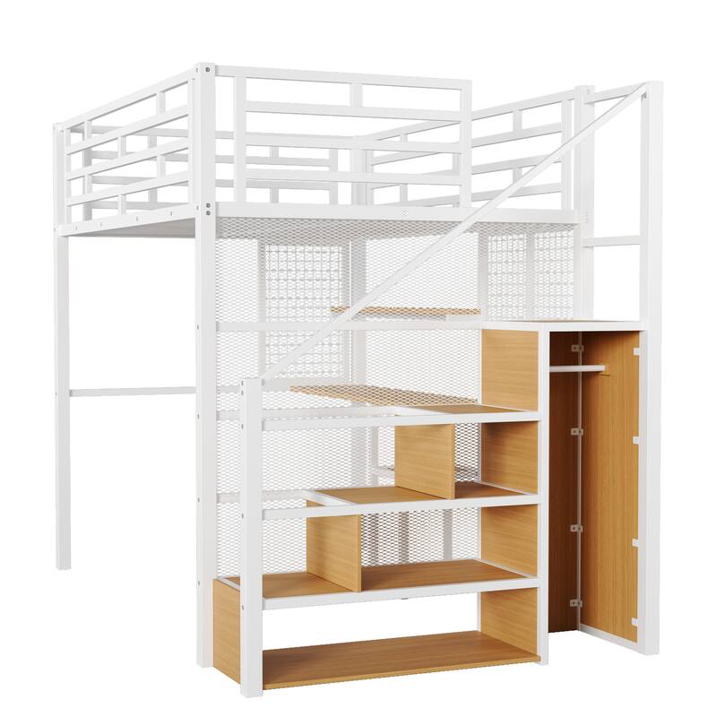 Full Size White Metal Loft Bed with Built-in Wardrobe, Desk & Storage Shelves