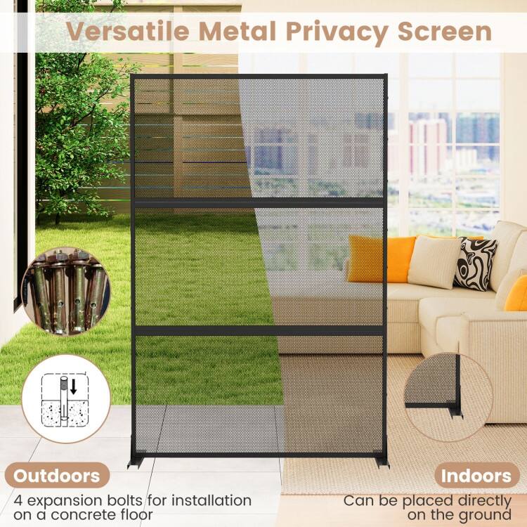 Black Metal Freestanding Privacy Screen Panel for Indoor and Outdoor Use - 48” x 16” x 72” (L x W x H)