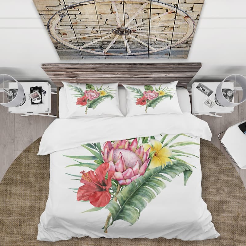 Designart 'Flowers Bouquet With Protea Hibiscus Plumeria' Traditional Duvet Cover Set