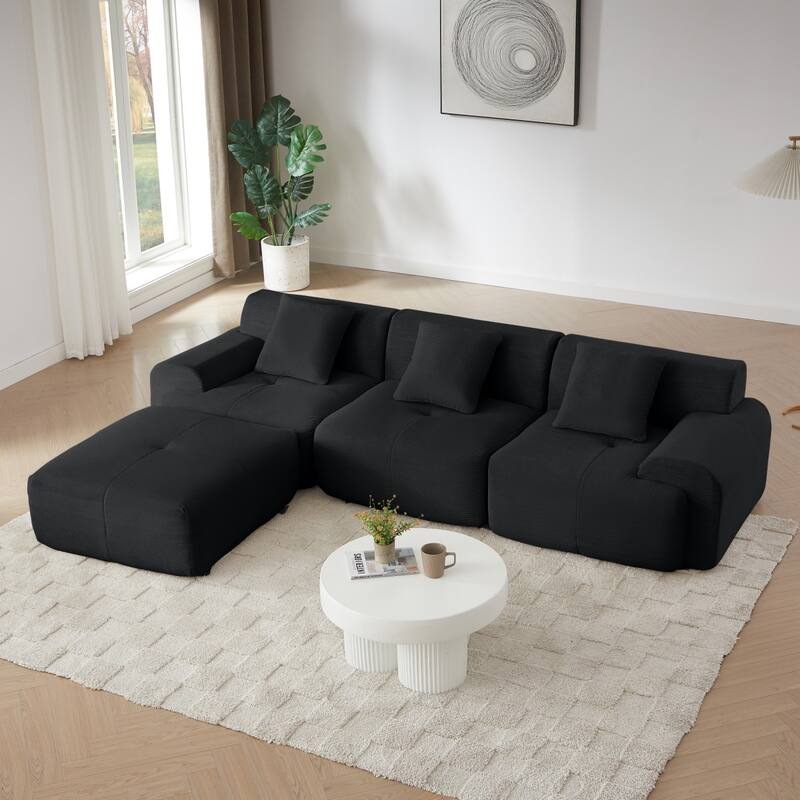113" Modern L-Shaped Corduroy Modular Sectional Sofa with Movable Ottoman