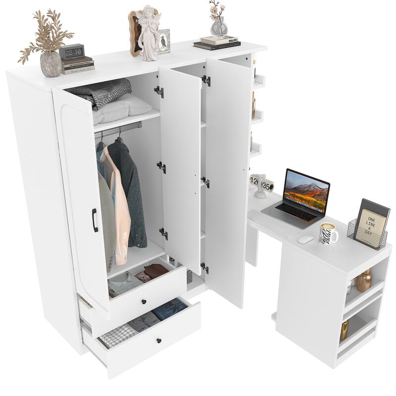2-Door Wardrobe with Convertible Desk, Multiple Drawers & Hanging Storage