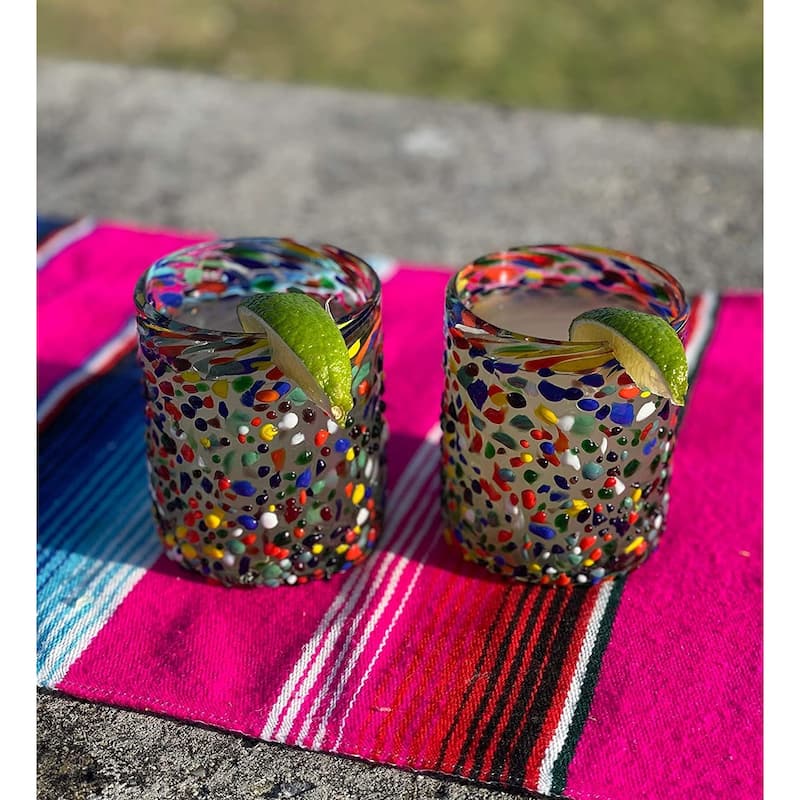 Dos Suenos Hand Blown Mexican Drinking Glasses - Set of 6 Confetti Rock Tumbler Glasses (10 oz each)