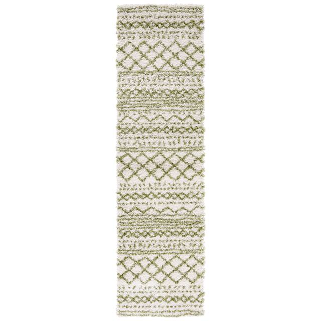 SAFAVIEH Arizona Shag Lotta Moroccan 1.2-inch Thick Rug - 2'3" x 8' Runner - Ivory/Green