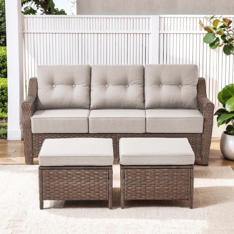 Outdoor 3-Seat Sofa with Ottomans - Brown Wicker & Beige Cushion - 3PCS Sofa with Ottoman