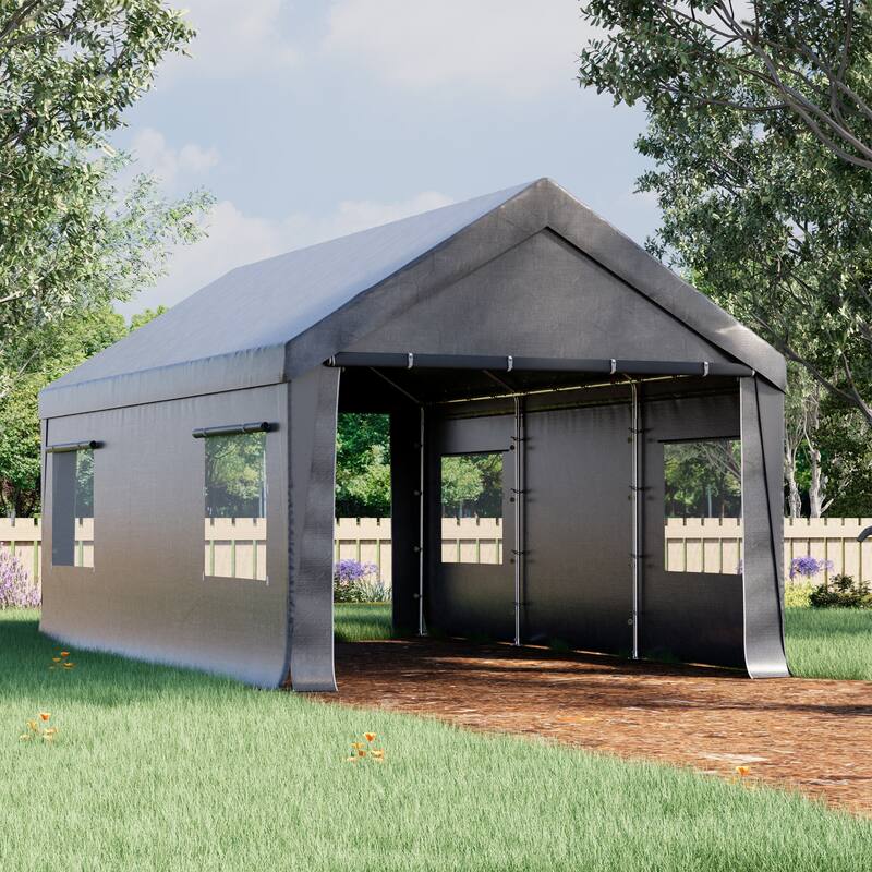 Heavy-Duty Fully Enclosed Carport - UV-Resistant, Waterproof Canopy with Roll-Up Windows & Reinforced Steel Frame - 10' x 20' - Grey
