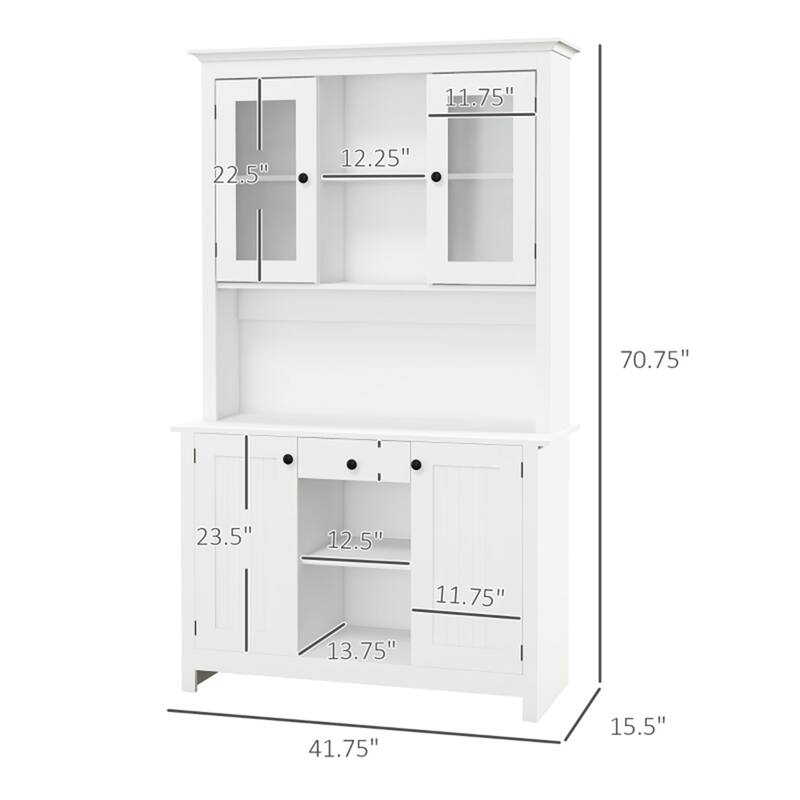 Matte White Buffet Cabinet with Glass Doors and Adjustable Open Shelves for Kitchen or Living Room