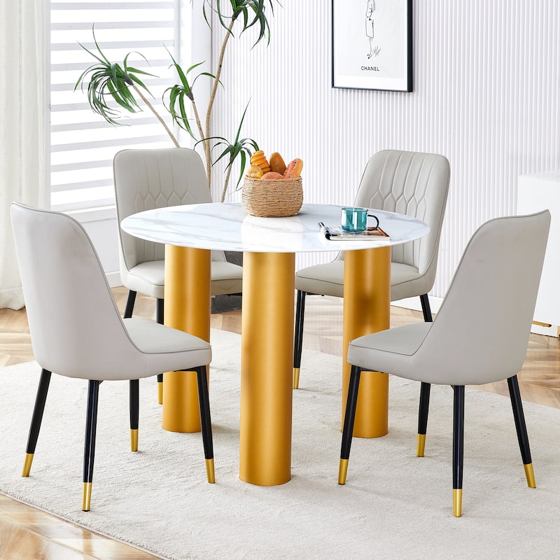 Roomfitters Round Dining Table with Faux Marble Glass Top and Golden MDF Legs for Kitchen or Living Room, White