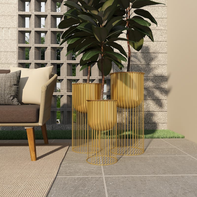 Gold Metal Deep Recessed Dome Indoor Outdoor Planter with Elevated Caged Stand (Set of 3)