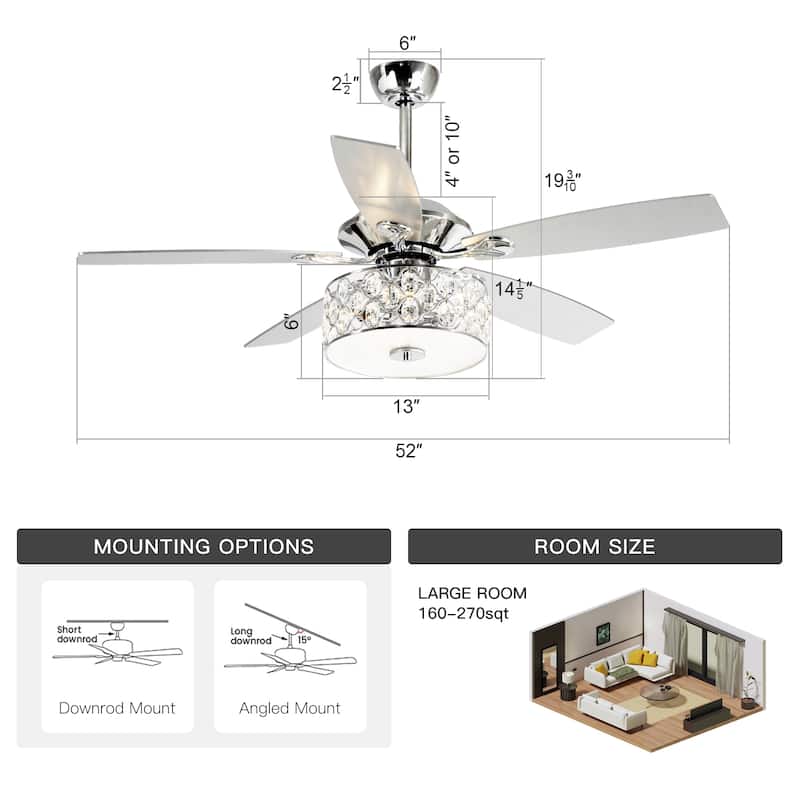 52" Indoor Chrome Crystal Chandelier Ceiling Fan with Light and Remote Control - 52 in. W X 52 in. D X 19.3 in. H