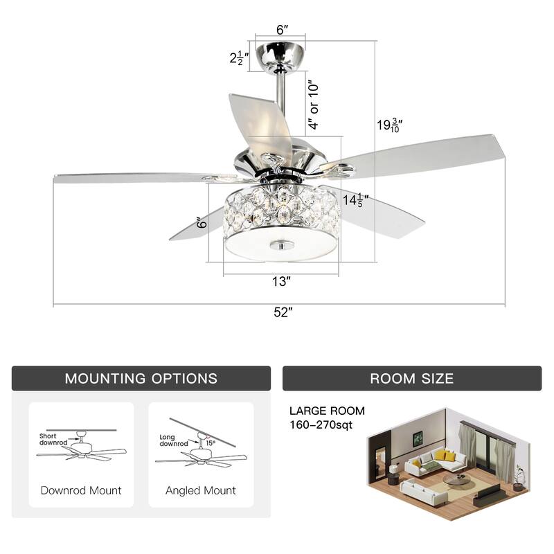 52 in. Indoor Chrome Crystal Chandelier Ceiling Fan with Light and Remote Control - 52 in. W X 52 in. D X 19.3 in. H