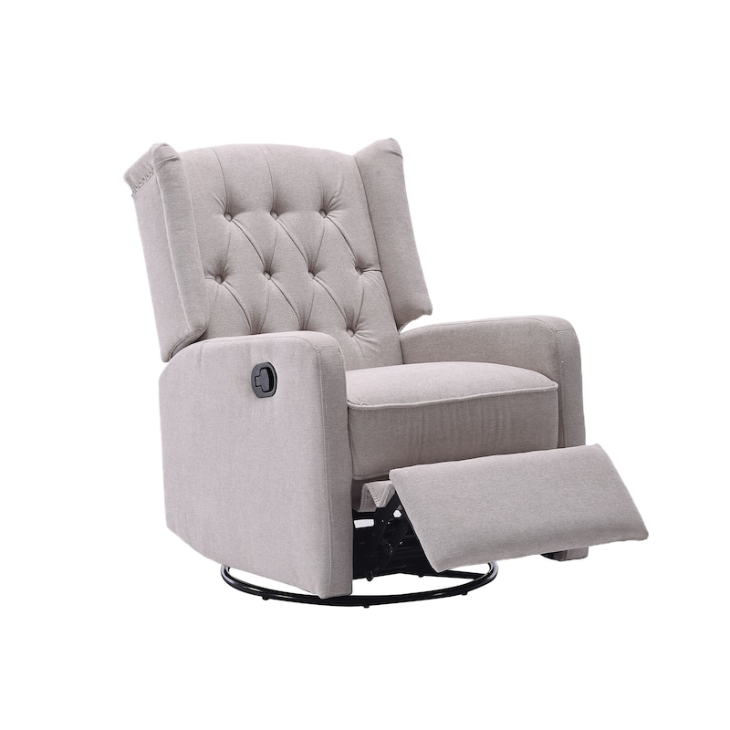 Beige Linen 360° Swivel Glider Rocker Manual Recliner with Button-tufted Backrest and Footrest for Living Room, Bedroom