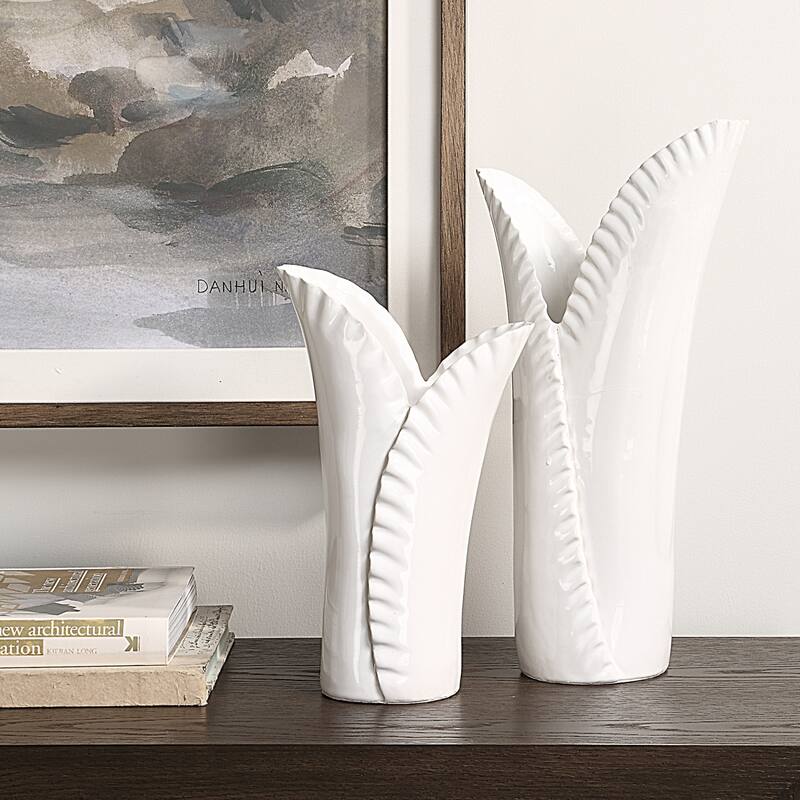 Rippled Edge Ceramic Leaf Vases - 15" - White - Set of 2