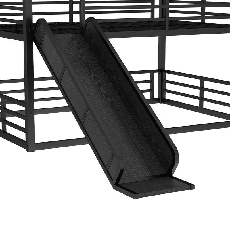 Full over Full over Full Bunk Bed with Slide, Metal Triple Bunk Bed with Safety Guardrails, Noise-reduced Design, Black