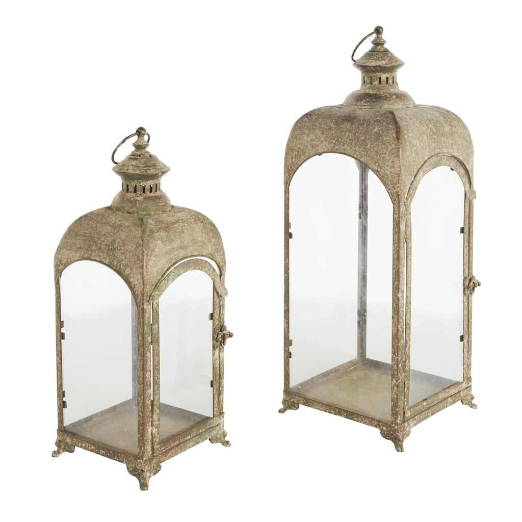 Metal Distressed Vintage Inspired Indoor Outdoor Candle Lantern with Arched Glass Panels - Set of 2 Brown - Roche River Decor
