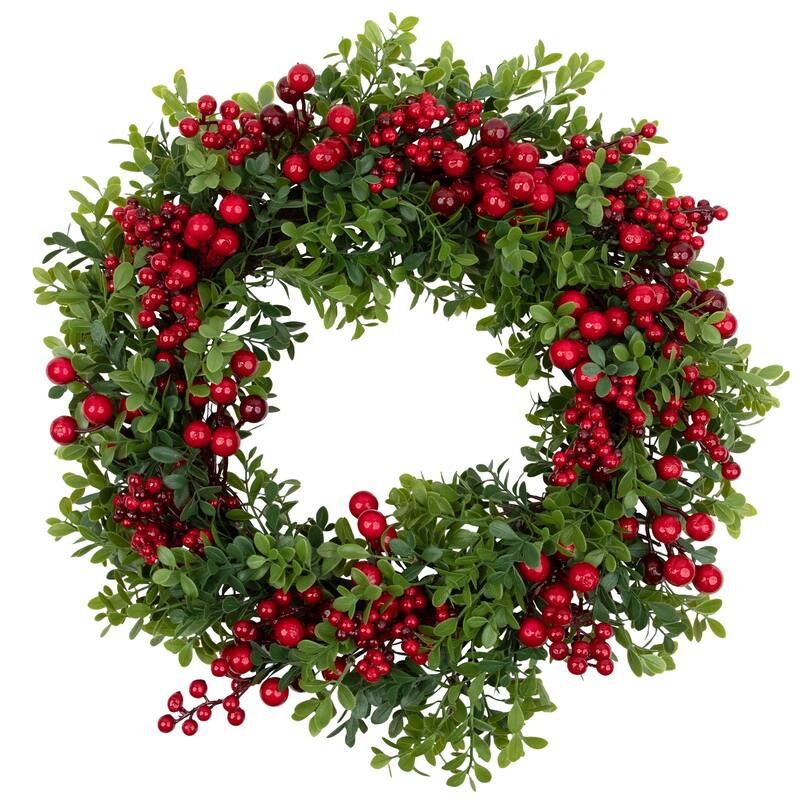 Red Berry and Boxwood Artificial Christmas Wreath - 20" - Unlit