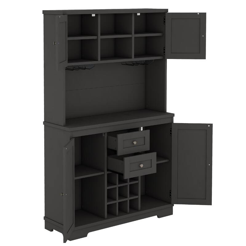 Roomfitters Farmhouse Coffee Bar Cabinet with Wine Storage, Buffet Sideboard with Glass Racks and Shelves