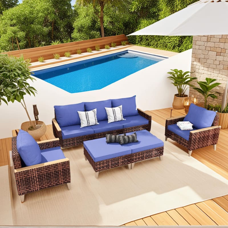 5-Piece High Footed Hollowed Out Rattan Furniture Set - 7-Seat Sofa Set with Cushions