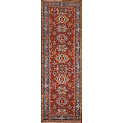 Geometric Kazak Indian Runner Rug Hand-knotted Wool Carpet - 2'8"x 10'0"