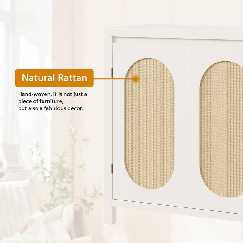 Rattan Storage Cabinet, Wooden Sideboard Buffet Cabinet with Doors and Shelves