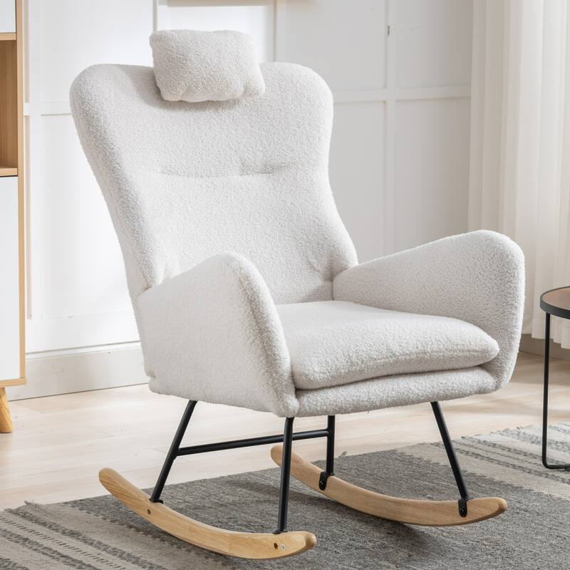 Teddy Fabric Wingback Rocking Chair for Nursery with Safe Solid Wood Base