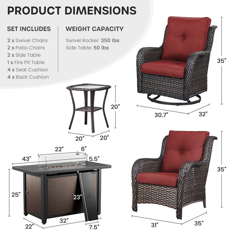 Gymojoy 7-Piece Outdoor Set with Fire Pit Table, Swivel Chairs & Side Tables for Patio