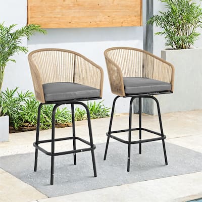 Outdoor Bar Stools Set of 2,All-Weather Rattan Bar Chairs with Armrests & Backrest